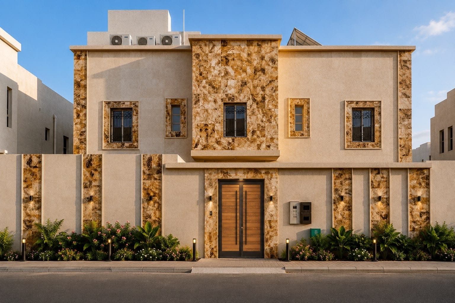 واجهة فيلا سكنية في حي العوالي بعد كسوتها بالحجر الطبيعي وتركيب الباب الرئيسي وتنسيق المدخل